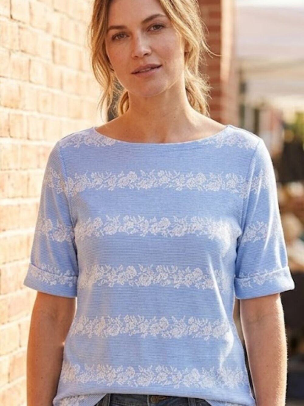 Karen Scott Sky Blue & White Floral Stripe Boatneck Tee - Size XL - Like New